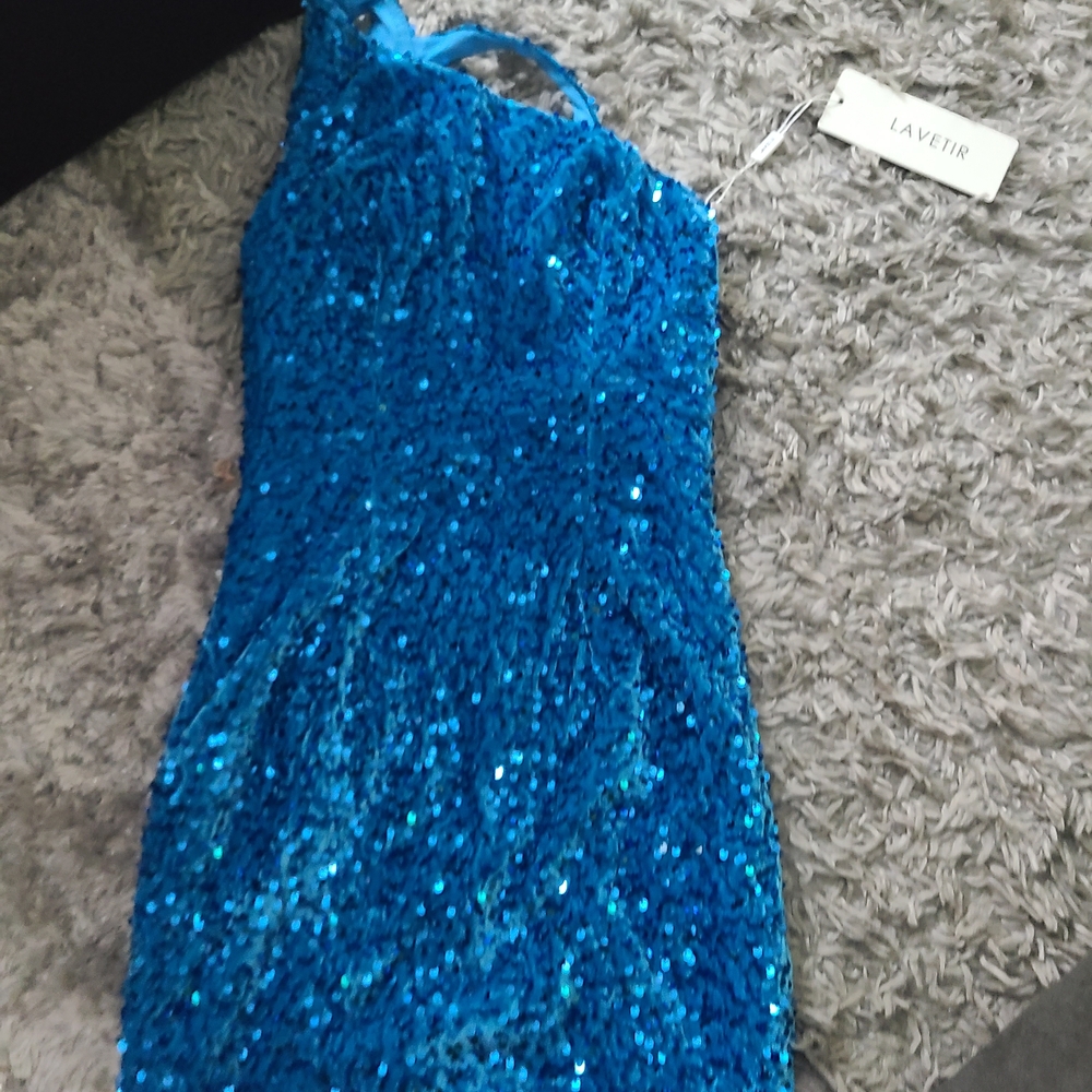 Lavetir Small Blue Sequin One Shoulder Mini Dress